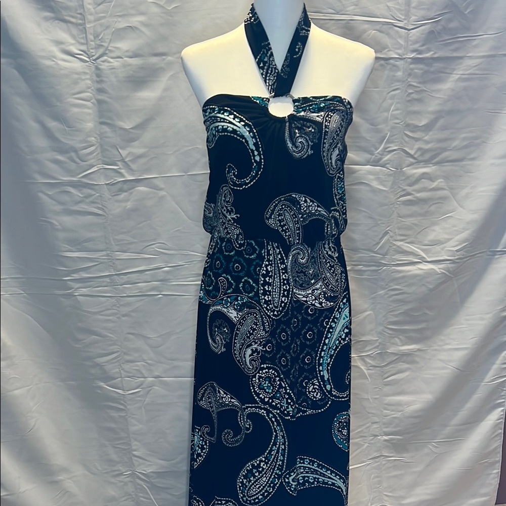 WHBM Paisley Strapless convertible Halter Maxi Dress - Black White Teal
